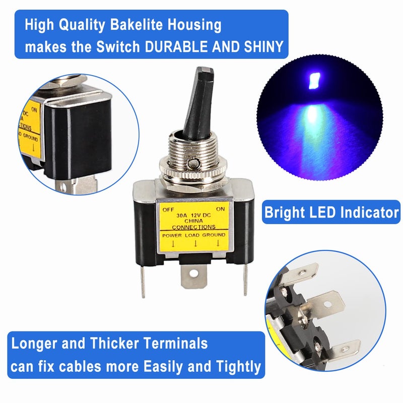 DMWD 2pcs LED Lighted Rocker Toggle Switch 12V 30A SPST ON/Off 3-Pin Metal Bakelite Housing with Terminals for Car Truck Boat (Blue) - Image 3